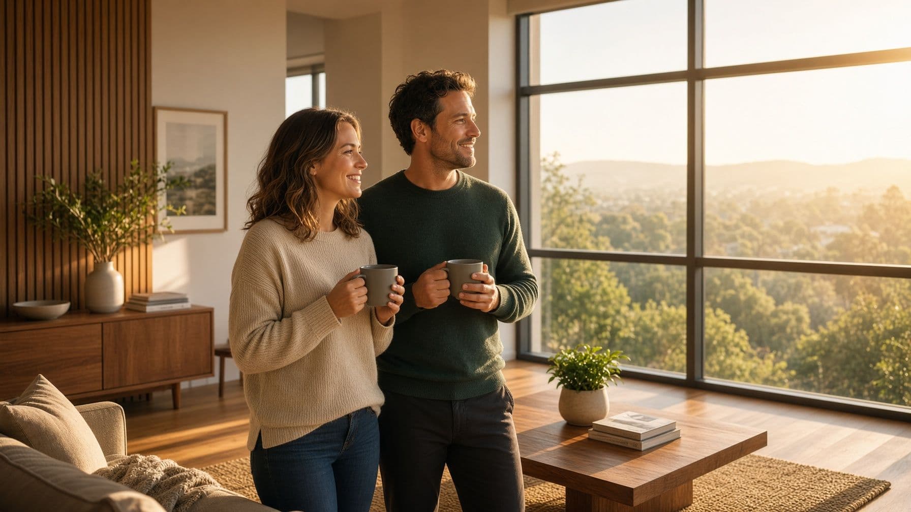 Casal feliz admirando a vista da janela de sua nova casa moderna, representando a conquista do imóvel próprio. Banner principal da Consortiza: Assessoria especializada em consórcios multimarcas. Descubra como comprar casas, apartamentos ou carros zero de forma planejada, segura e sem pagar os juros abusivos dos bancos.