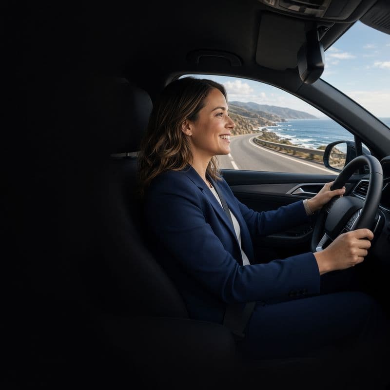Mulher sorridente dirigindo seu carro novo em uma estrada, representando a liberdade e a conquista do veículo próprio. Banner inicial da Consortiza: Assessoria especializada em consórcios multimarcas para compra de carros, motos e imóveis de forma planejada, com parcelas acessíveis e sem pagar os juros abusivos dos bancos.